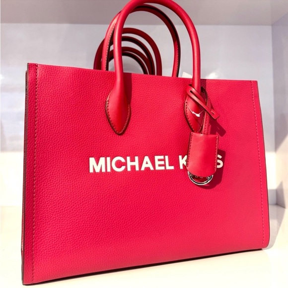 Michael Kors Mirella Medium Pebbled Leather Tote Bag Dark Raspberry Multi - Picture 1 of 9
